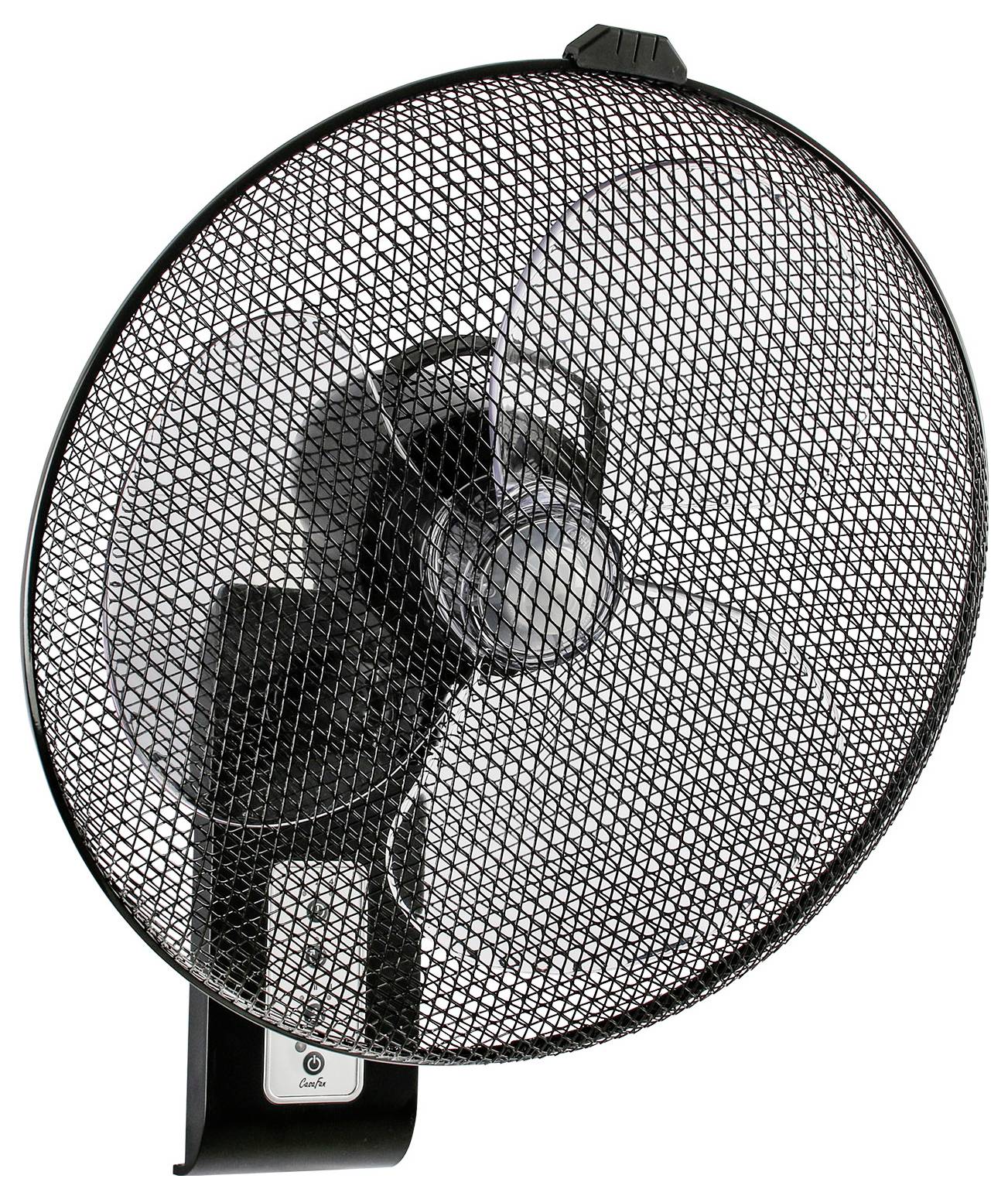 Een zwarte wandventilator met een beschermend gaasrooster, voorzien van een verstelbare draaiknop en aan/uit-knop aan de onderkant, ontworpen voor binnenkoeling.