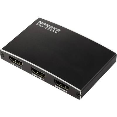 Een zwarte HDMI-splitter met drie uitgangspoorten gelabeld als 'OUTPUT1', 'OUTPUT2' en 'OUTPUT3', met 'SPEAKA PROFESSIONAL' bovenop.