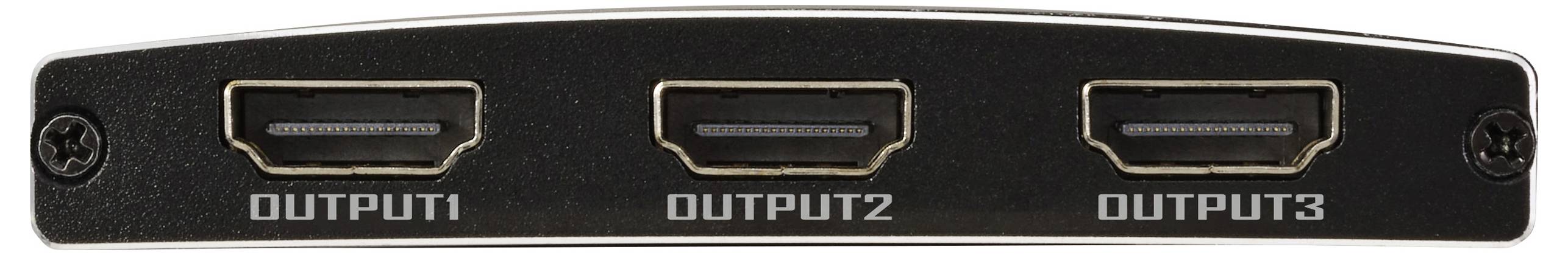 Drie HDMI-uitvoerpoorten geëtiketteerd als 'OUTPUT1', 'OUTPUT2', 'OUTPUT3' op een zwart paneel, ontworpen voor het aansluiten van meerdere beeldschermen of apparaten.