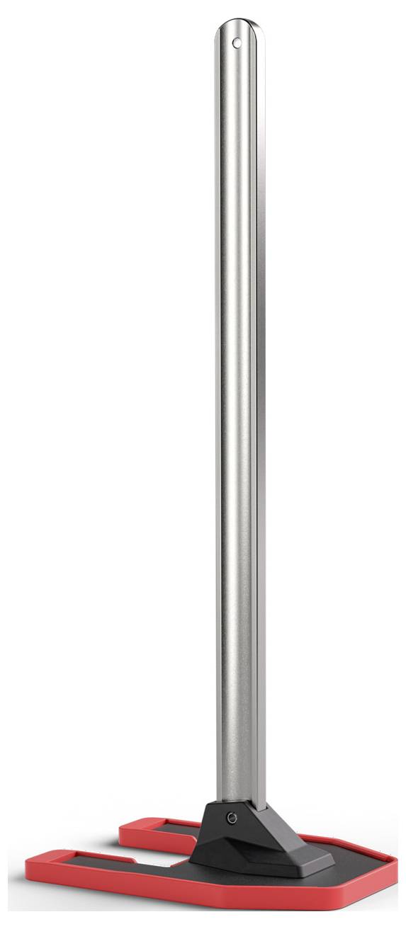 Een rode en zwarte mop met een lange zilveren steel, ontworpen voor efficiënt vloeren schoonmaken.