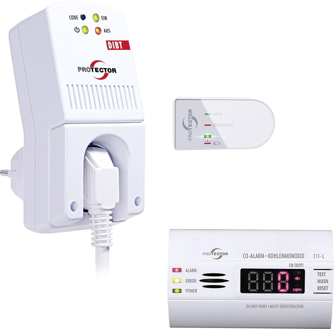 Koolmonoxide-alarmsysteem met digitaal display dat '0' aangeeft. Voorzien van statuslampjes voor alarm, storing en stroomvoorziening. Aangesloten op wandcontactdoos.