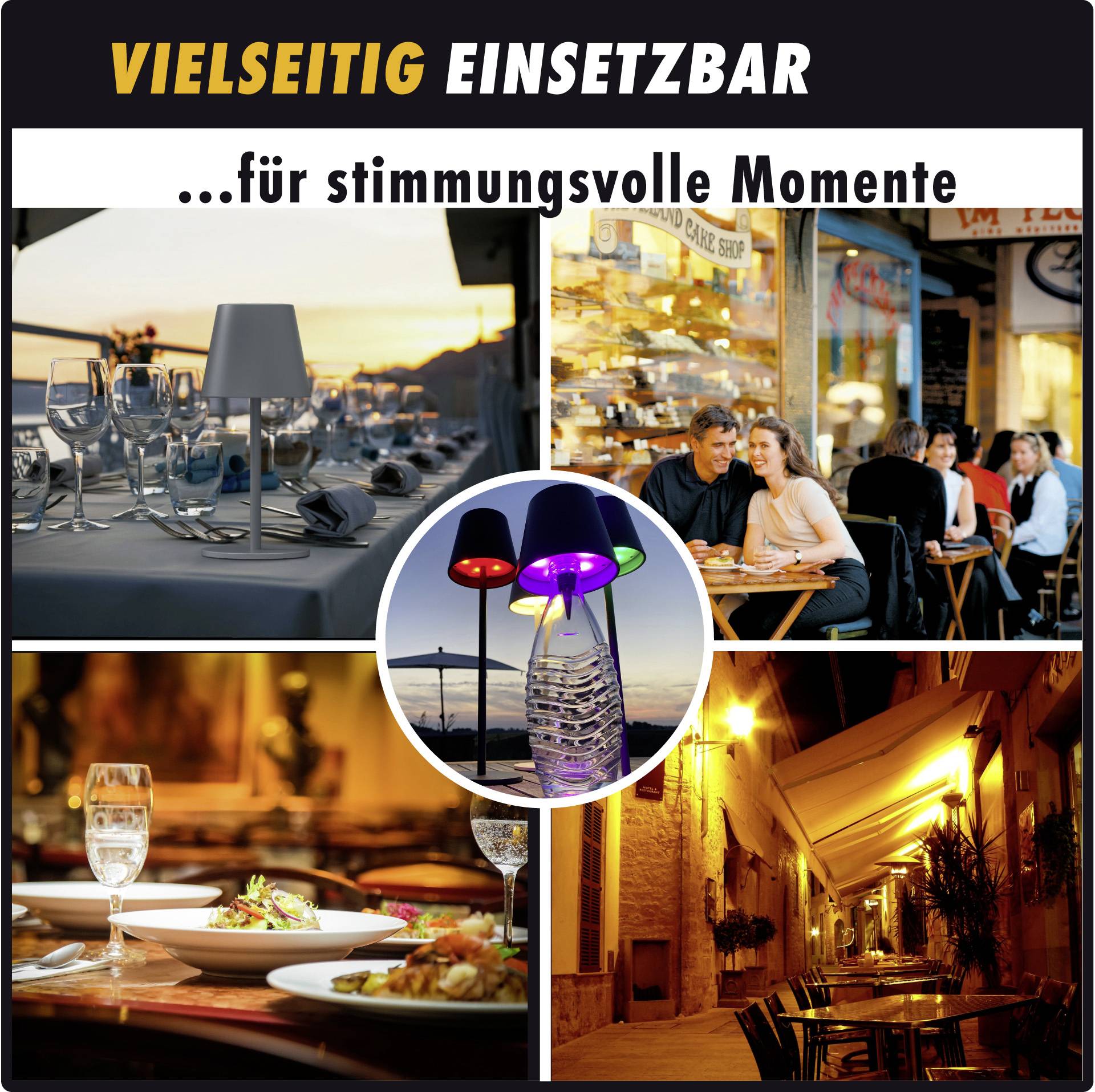 Collage van sfeervolle restaurantscènes met gekleurde verlichting en tekst 'Veelzijdig inzetbaar... voor sfeervolle momenten'.