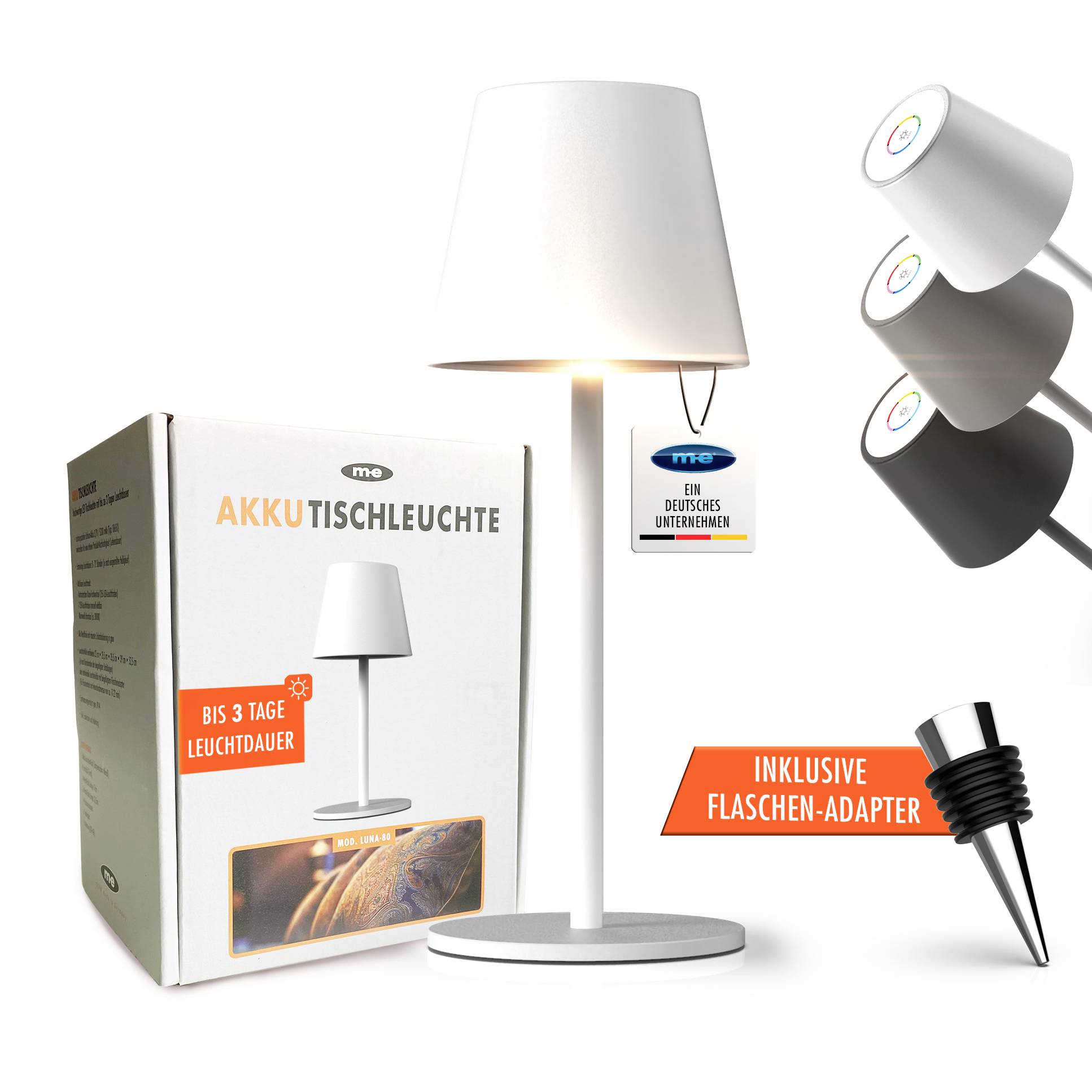 'Oplaadbare lamp met 3 dagen lichtduur en flessenadapter. Verpakking toont lamp en logo's. Drie kleurvarianten afgebeeld.'