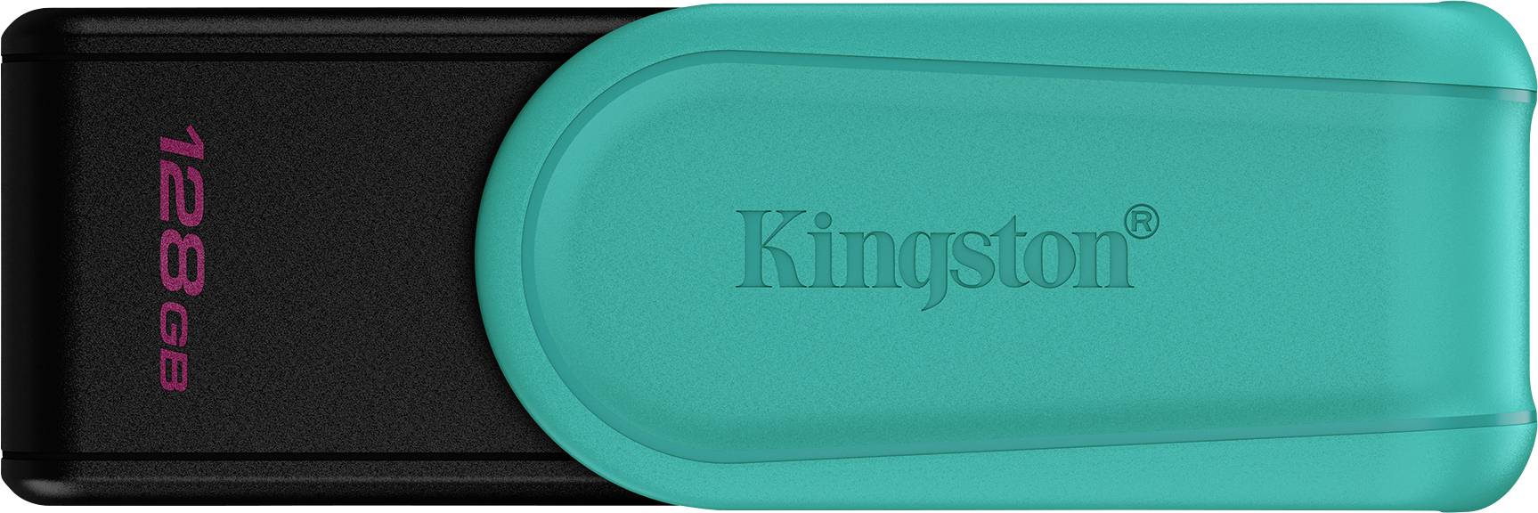 Een turquoise en zwarte Kingston USB-stick met '128 GB' in roze aan de zijkant geschreven.