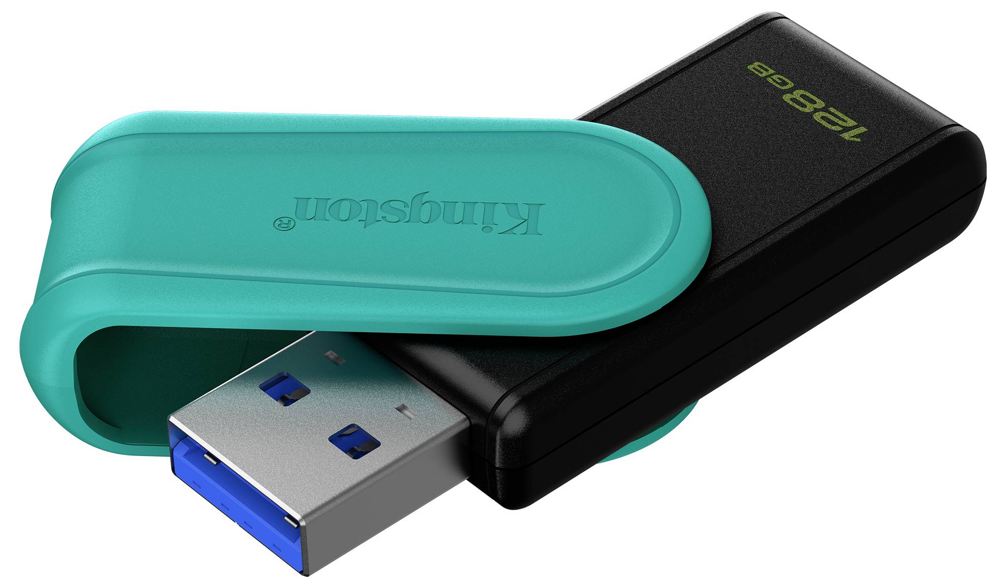 Een zwarte en turquoise USB-stick met het label '128 GB', met een draaibare kap die gedeeltelijk open staat, waardoor de USB-connector zichtbaar is.