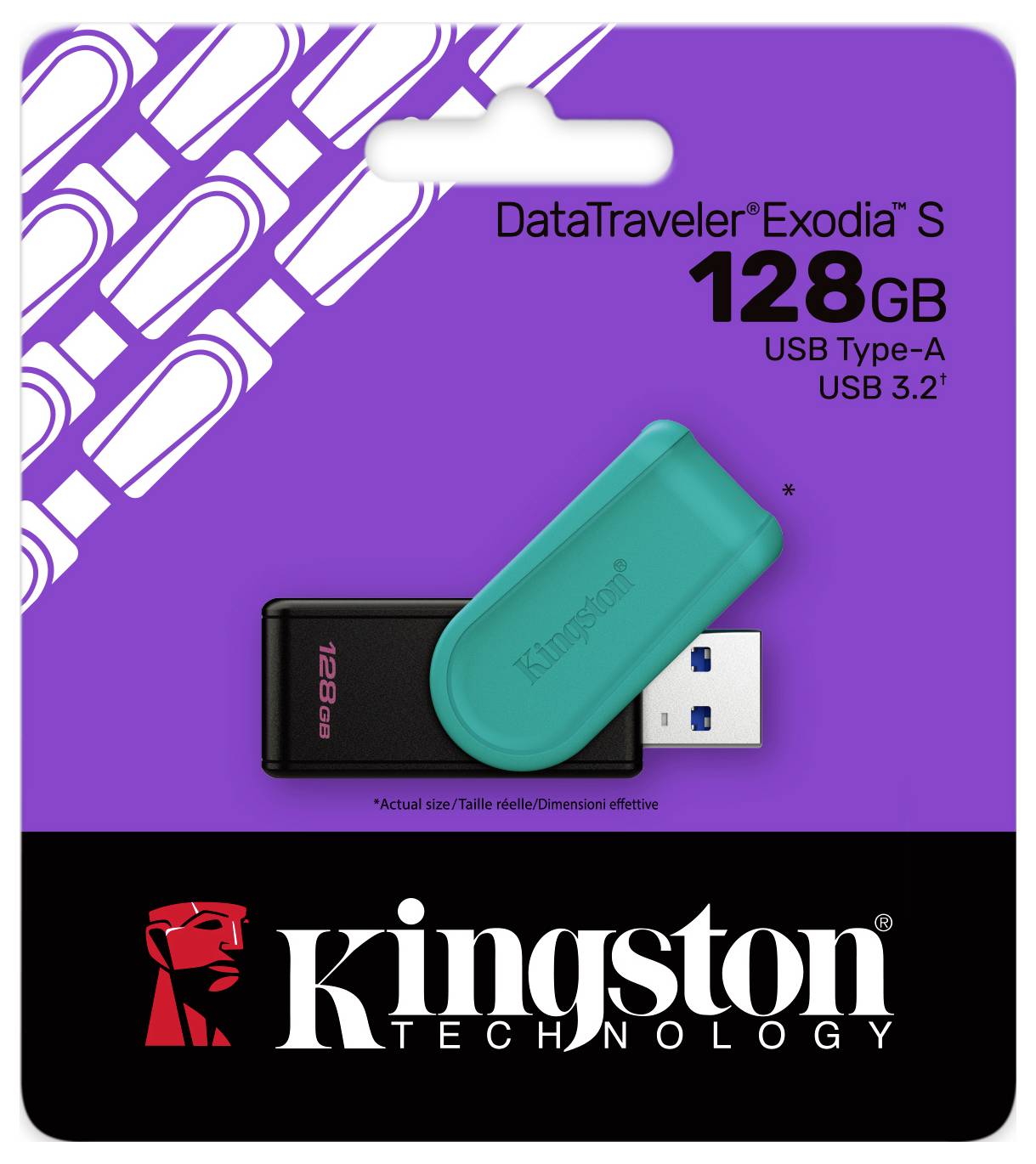 Een teal- en zwarte 128GB Kingston USB-stick gelabeld als 'DataTraveler Exodia S' met een USB 3.2-aansluiting op paarse verpakking.