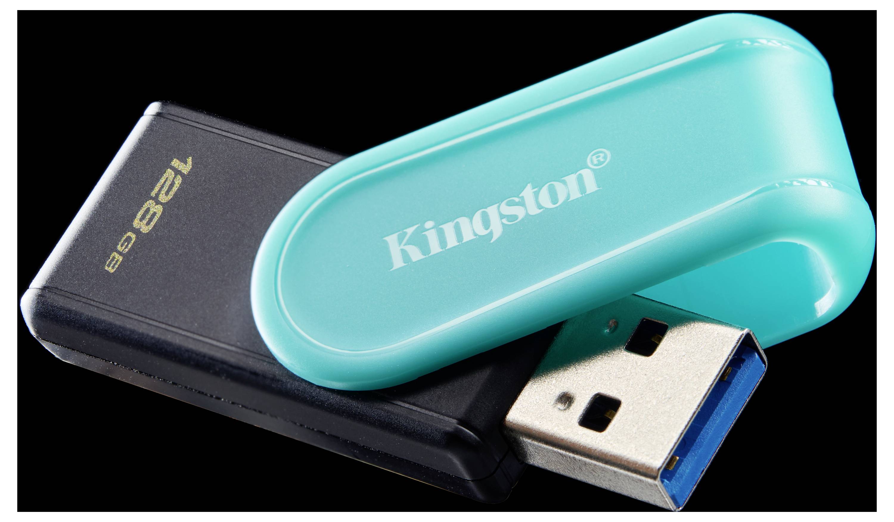 Een turquoise Kingston USB-stick met een gedeeltelijk verwijderde dop, waarbij een 128 GB-markering zichtbaar is op een zwart gedeelte van het apparaat.