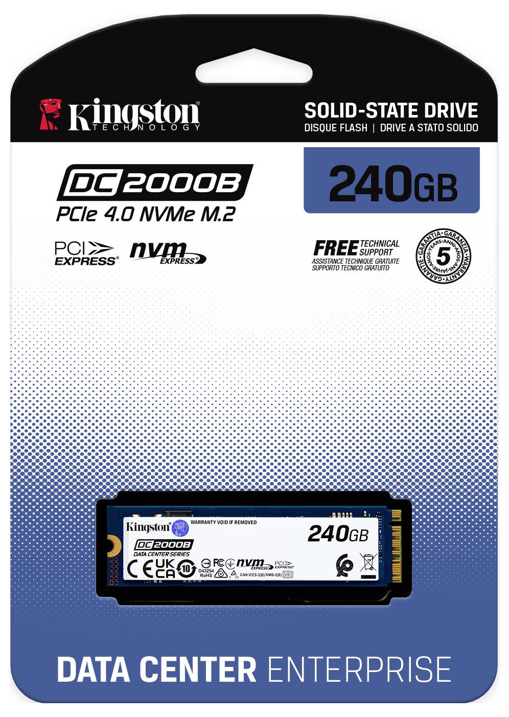 'Kingston DC2000B 240GB PCIe 4.0 NVMe M.2 Solid-State Drive' verpakking met functies: PCI Express, NVMe, 5 jaar garantie, technische ondersteuning.