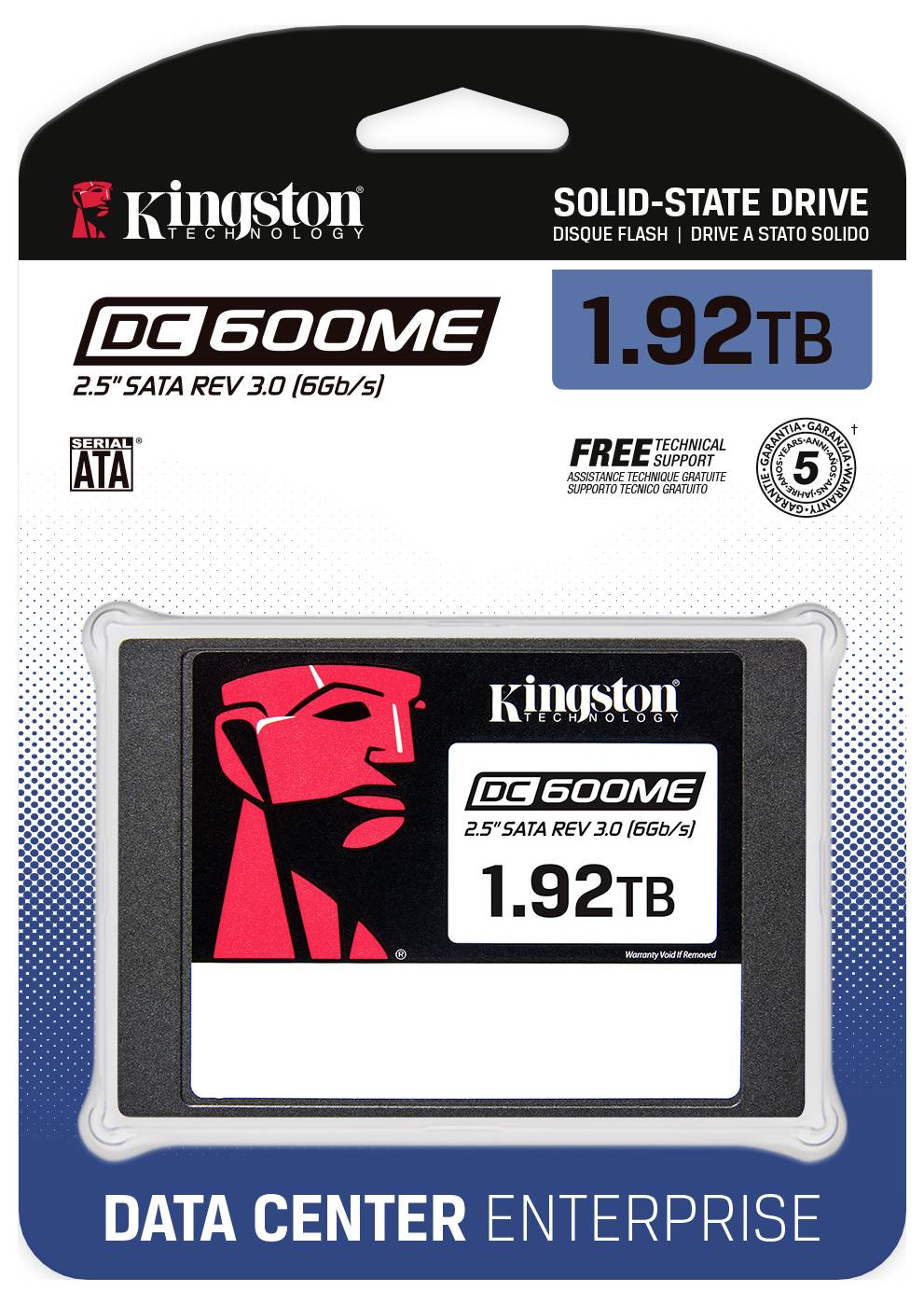 Kingston DC600M 1,92 TB SSD in verpakking, met nadruk op 'Data Center Enterprise' gebruik, 2,5" SATA, 6 Gb/s snelheid, met gratis technische ondersteuning.