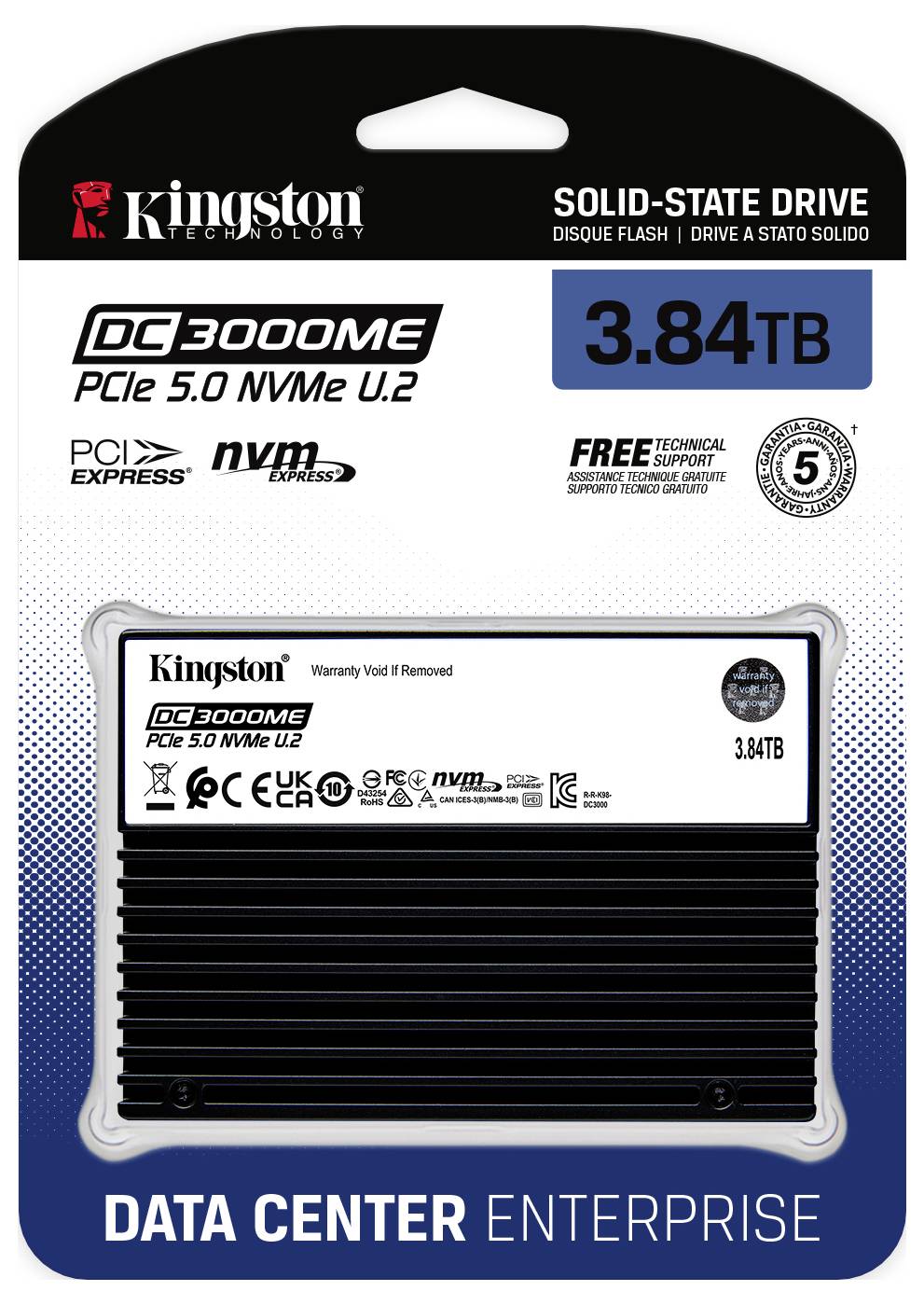 Kingston DC3000ME SSD-verpakking toont 3,84 TB capaciteit, PCIe 5.0 NVMe U.2, Data Center Enterprise gebruik, en belangrijke prestatie-eigenschappen.