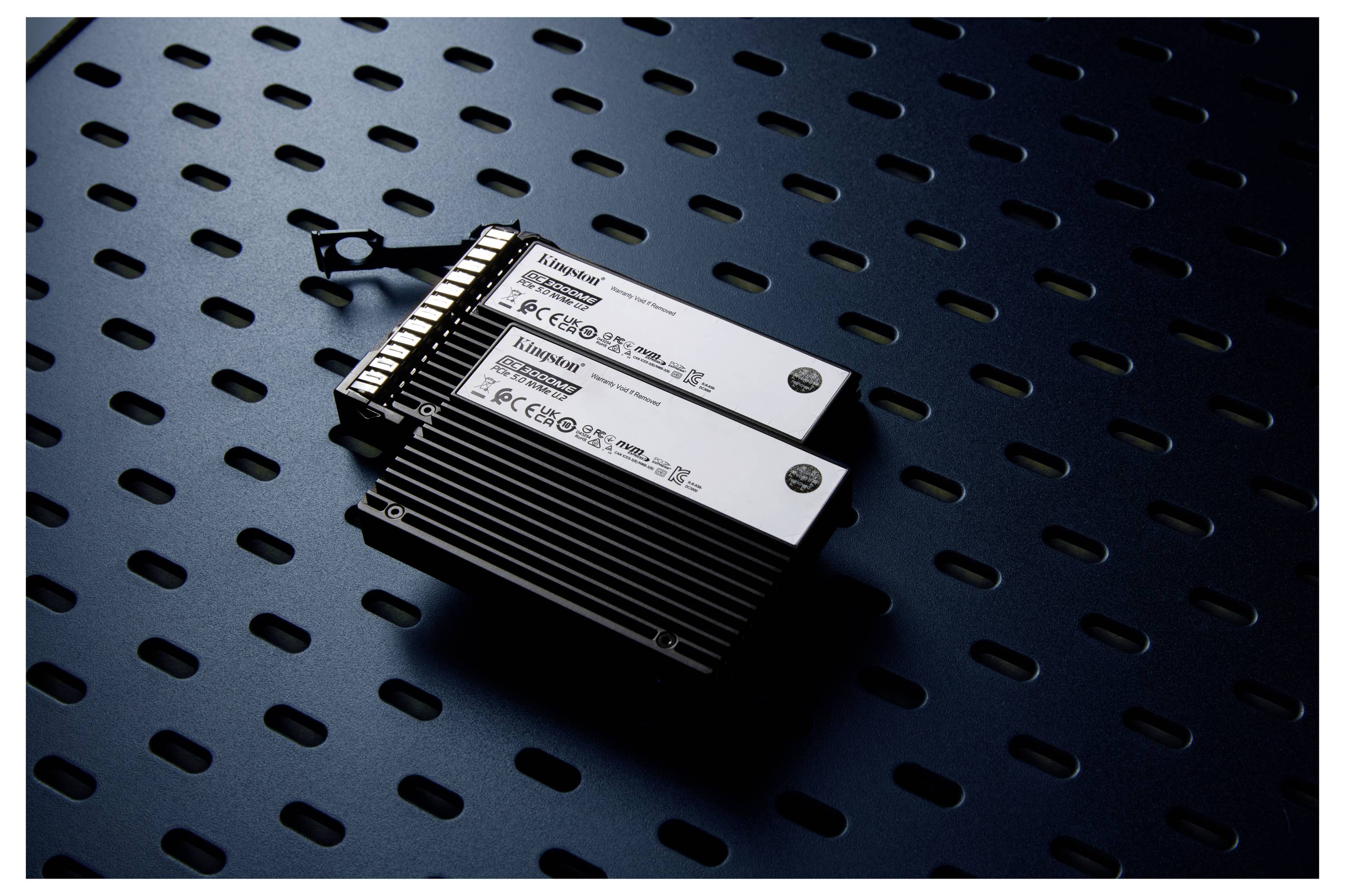 Twee Kingston RAM-sticks liggen op een geperforeerd metalen oppervlak, verlicht met zacht licht dat hun merknaam en aansluitingen benadrukt.