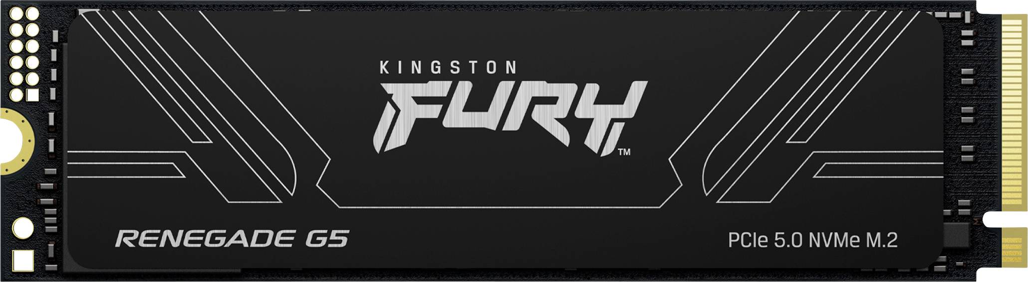 SSD gelabeld als 'Kingston FURY Renegade G5, PCIe 5.0 NVMe M.2', met een ontwerp met gestileerde graphics en een strak zwart behuizing.