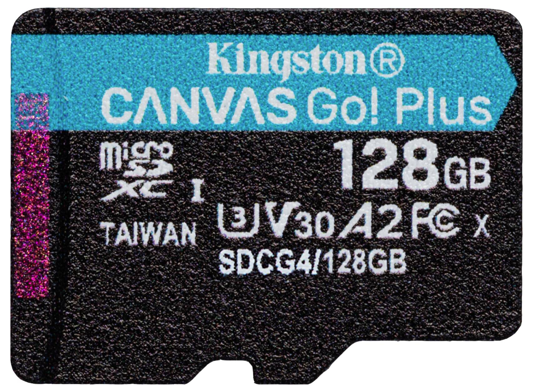 '128GB Kingston Canvas Go! Plus microSDXC-kaart, UHS-I U3, V30 A2 beoordeeld voor hoogpresterende opslag, geschikt voor 4K-video.'