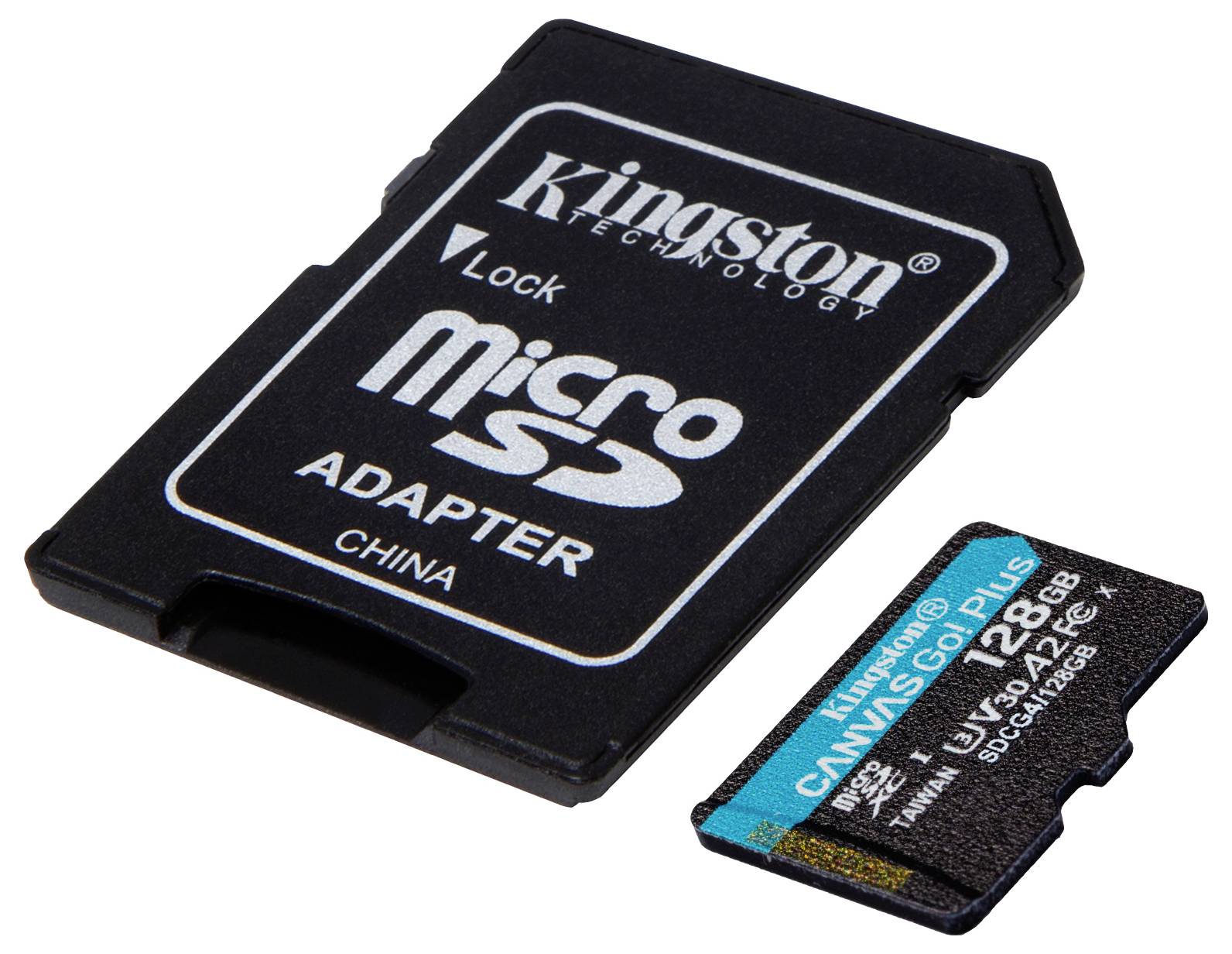 'Kingston microSD-adapter en 128GB microSD-kaart. De adapter is zwart met witte tekst. De kaart is zwart met blauwe en witte details.'