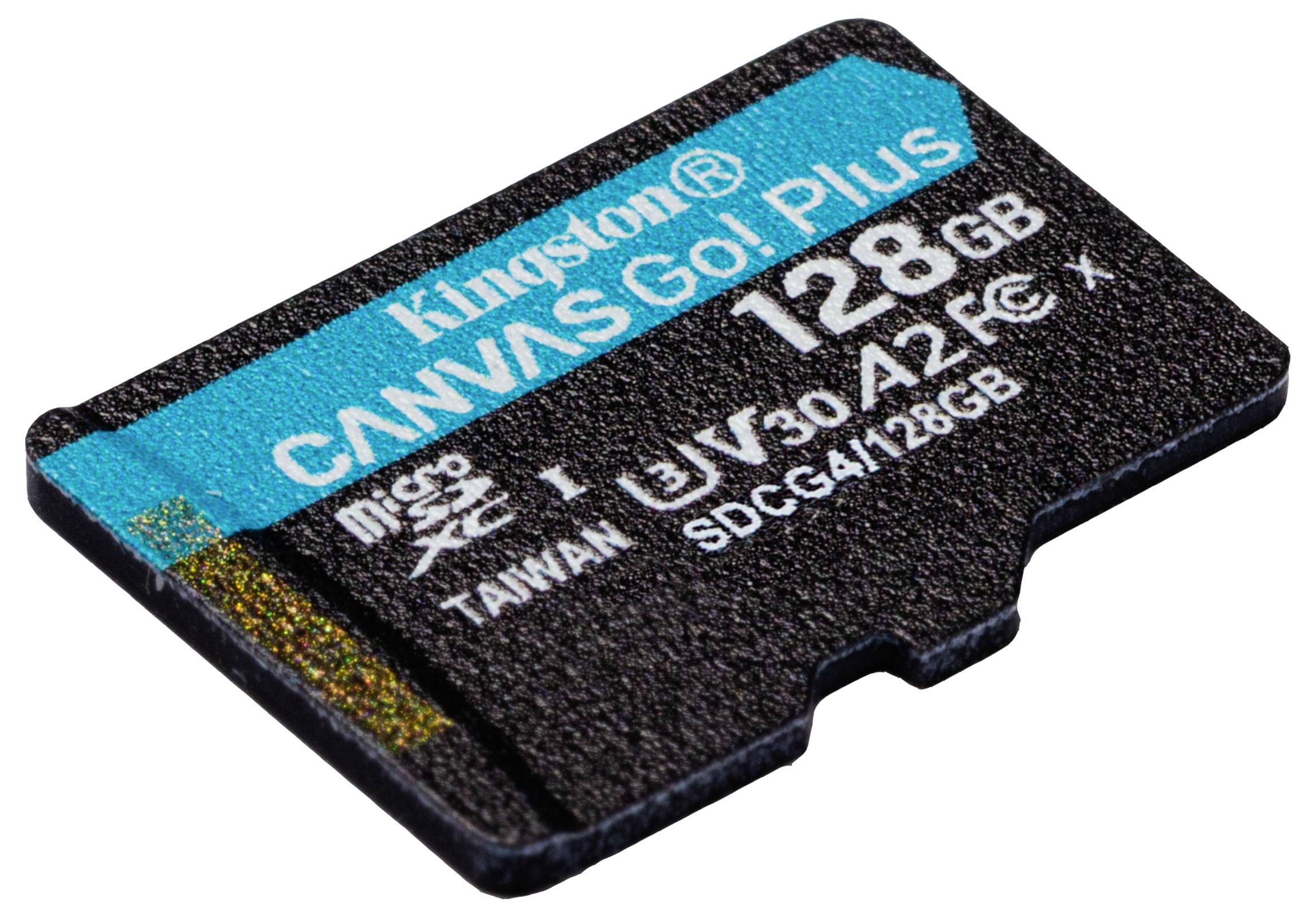 'Kingston Canvas Go! Plus' 128GB microSD-kaart, met merk en capaciteit weergegeven. Geschikt voor opslag en snelle gegevensoverdracht.