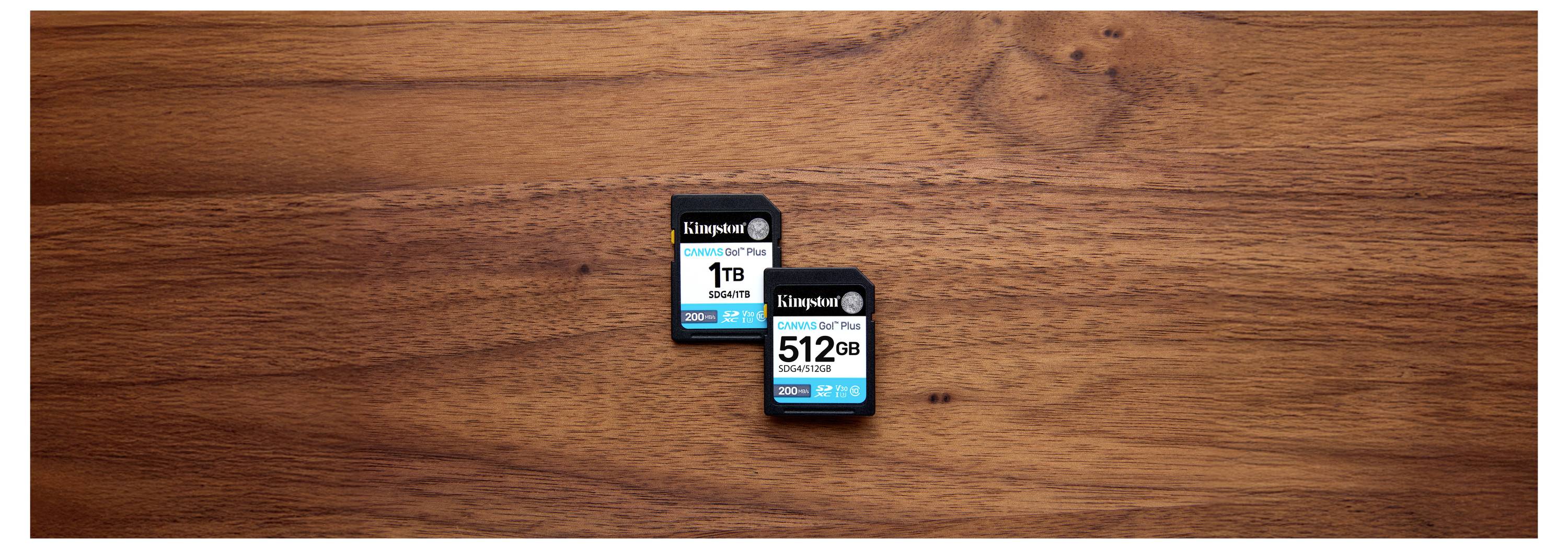 Twee geheugenkaarten op een houten oppervlak: een gemerkt '1TB' en de andere '512GB', beide van Kingston, die opslagcapaciteiten aangeven.