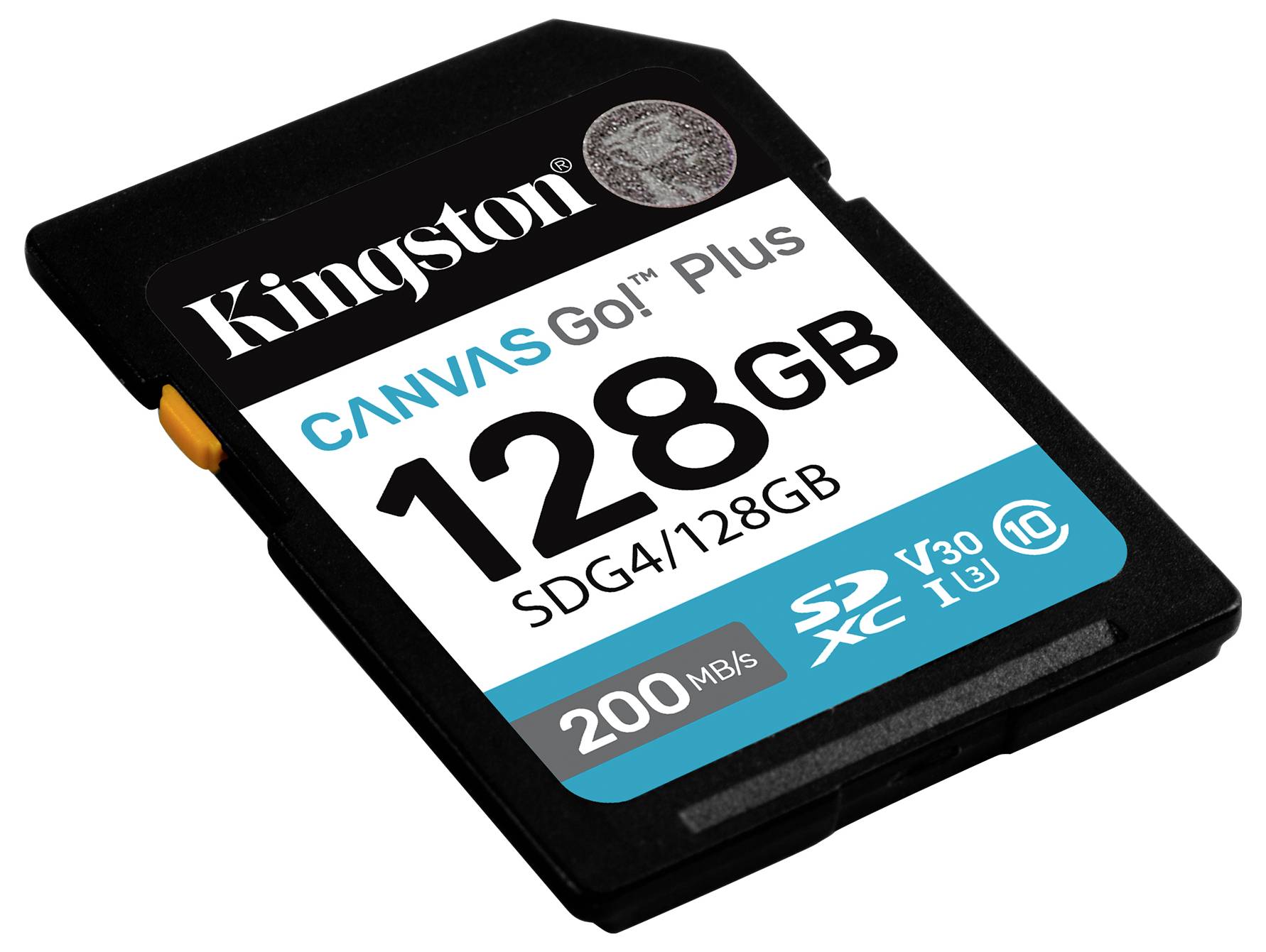 'Kingston Canvas Go! Plus 128GB' SD-kaart met 200 MB/s leessnelheid, UHS-I U3, V30, A2, waarbij opslagcapaciteit en snelheid worden getoond.