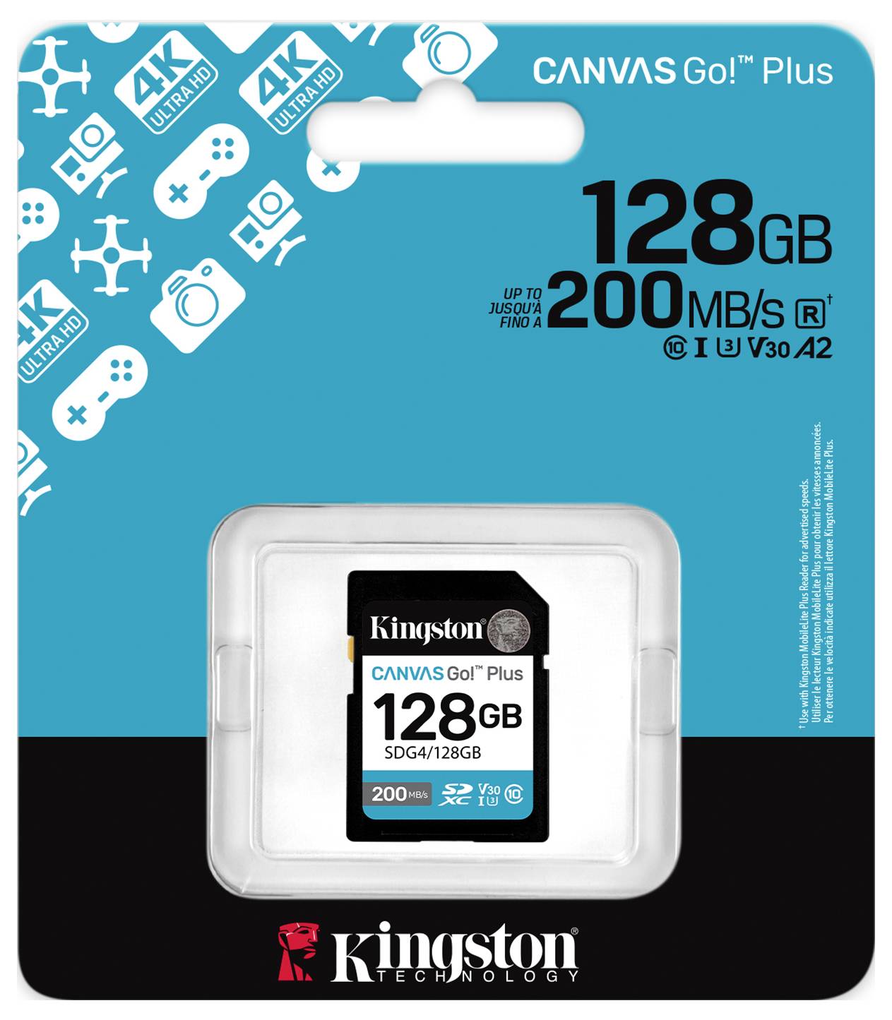 Kingston 128GB Canvas Go! Plus SD-kaart verpakking. Hoogtepunten: tot 200 MB/s snelheid, 4K Ultra HD compatibiliteit, ideaal voor actie fotografie.