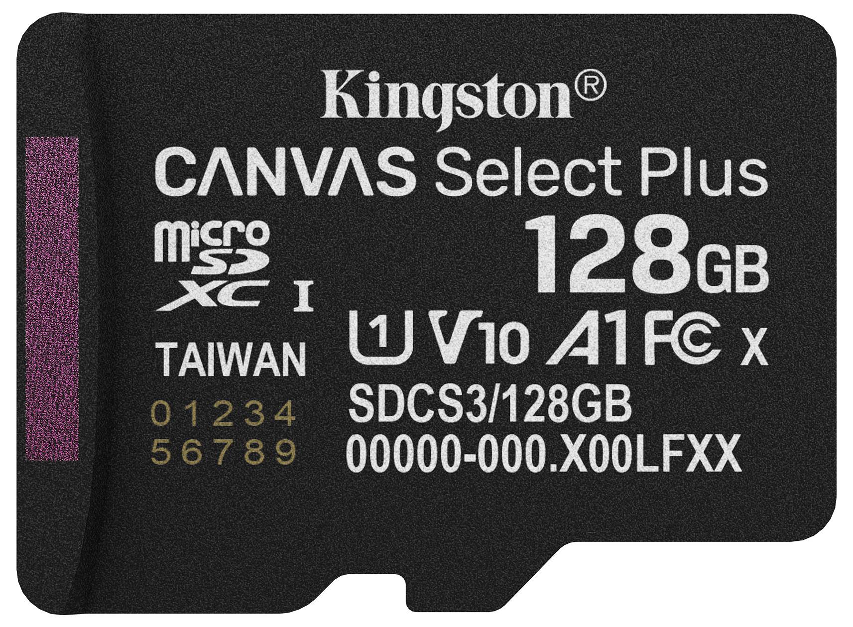 Kingston Canvas Select Plus microSD-kaart, 128 GB capaciteit, U1, V10, A1-classificatie, getoond met product- en modelnummers.