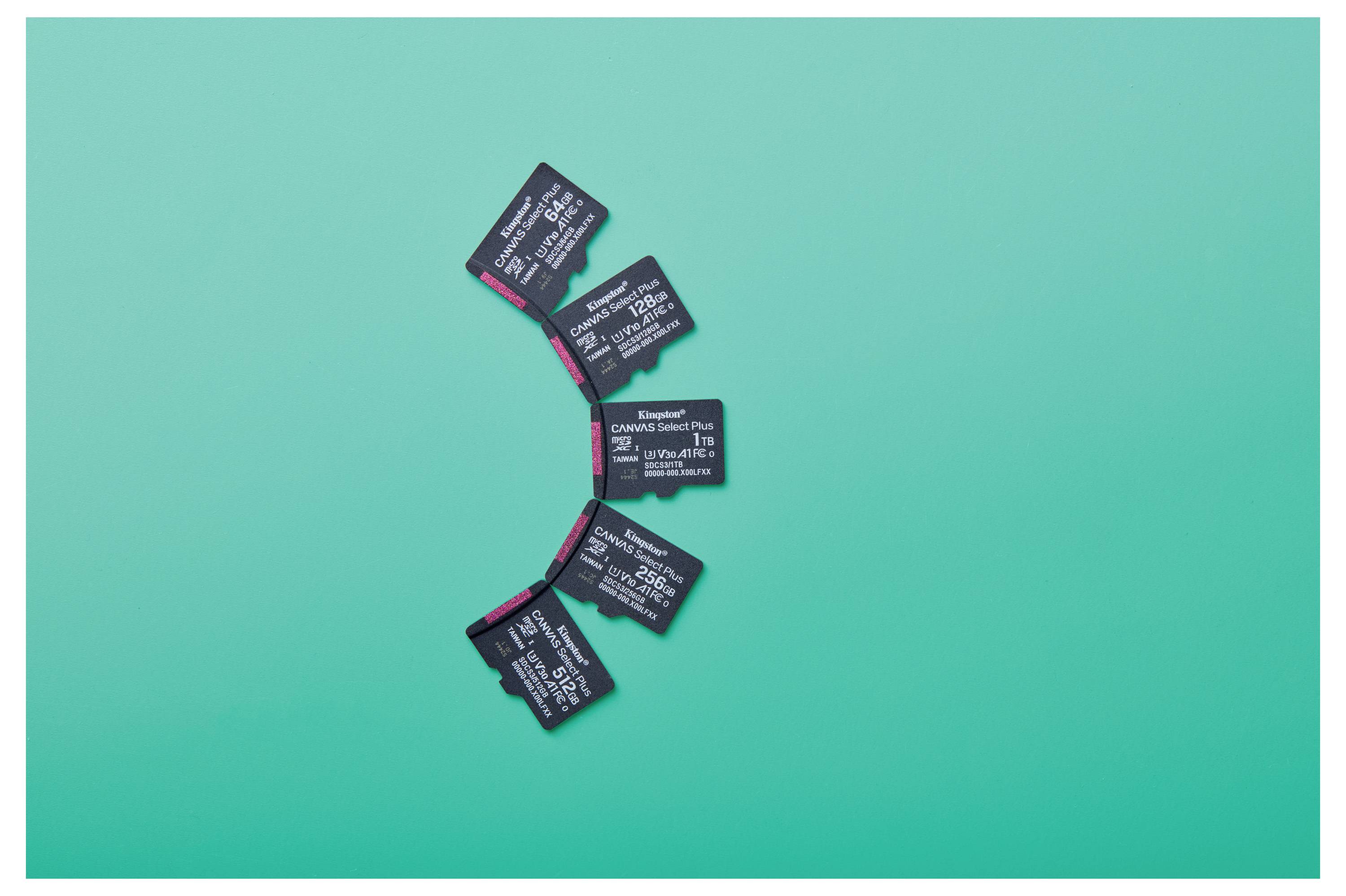Vijf microSD-kaarten gerangschikt in een cirkelvormig patroon op een tealblauwe achtergrond, waarbij hun compacte ontwerp enopslagcapaciteit worden benadrukt.