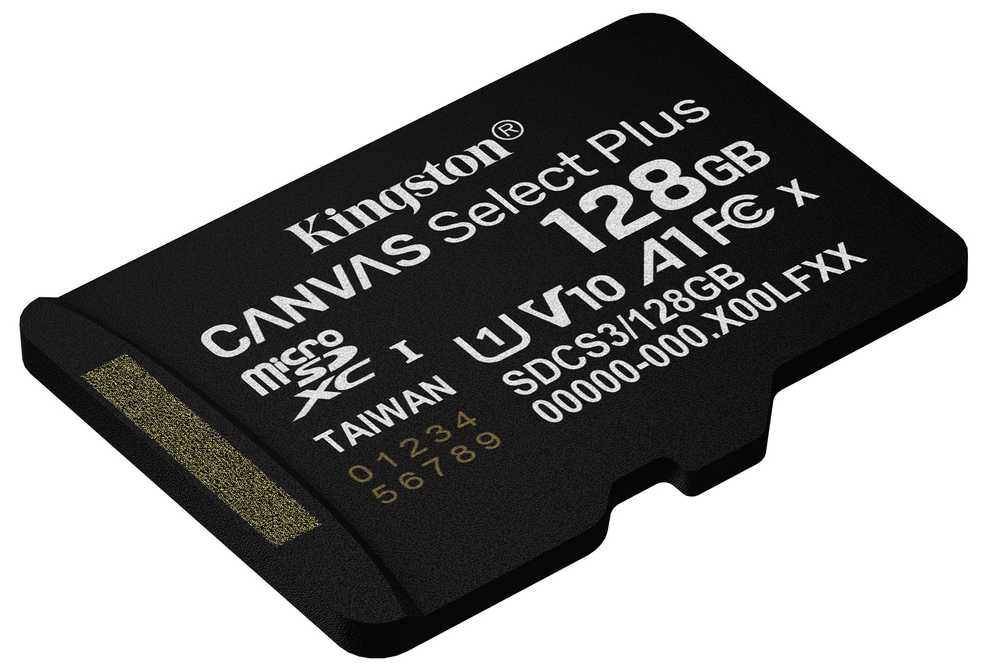 'Kingston Canvas Select Plus 128GB microSD-kaart, UHS-I, U3, A1, met serienummer en fabricagedetails zichtbaar.'