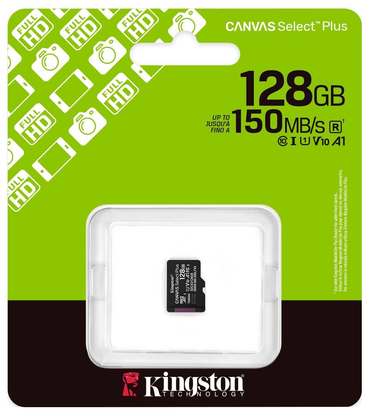 Kingston 128GB microSD-kaart verpakking, met de nadruk op 'Tot 150MB/s R' snelheid, geschikt voor full HD. Groen en wit merkontwerp.