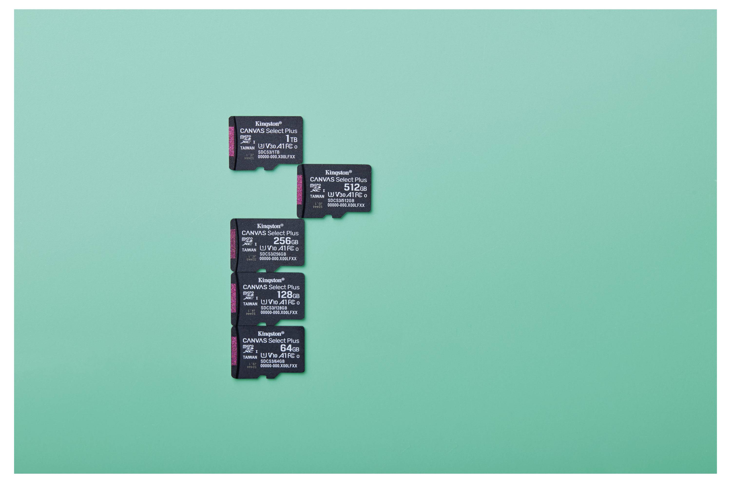 Een verticale rangschikking van vijf geheugenkaarttjes op een tealblauwe achtergrond, elk voorzien van een label met verschillende opslagcapaciteiten variërend van 32GB tot 512GB.