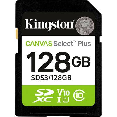 Kingston 128GB Canvas Select Plus SDXC geheugenkaart, V10, UHS-I, Klasse 10, geschikt voor foto's met hoge resolutie en Full HD-video's.