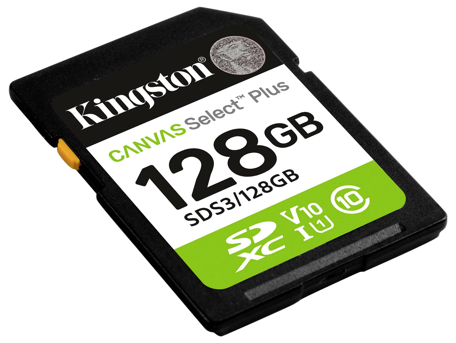 Een Kingston Canvas Select Plus 128GB SDXC-geheugenkaart met V10- en U1-classificaties, geschikt voor foto- en video-opslag met hoge snelheid.