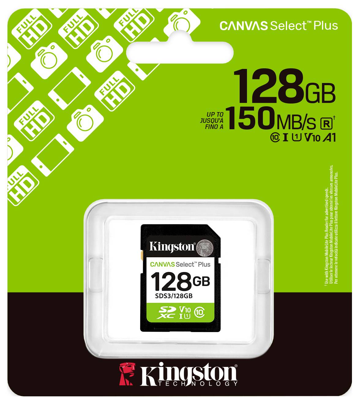 'Kingston Canvas Select Plus 128GB SD-kaart, 150MB/s, compatibel met Full HD-opname, V10, A1 snelheidsklasse.'