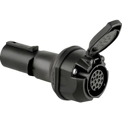 Een zwarte elektrische connector met een scharnierende deksel is te zien, voorzien van meerdere pinnen voor verbinding.