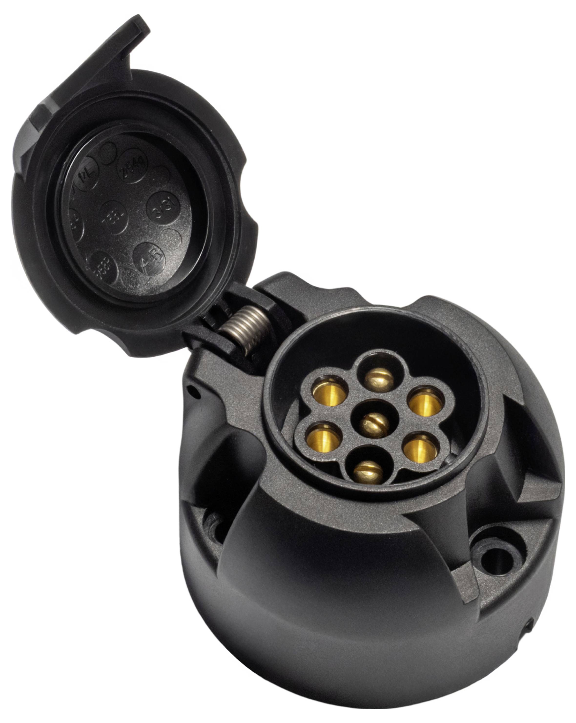 Een zwarte plastic 7-pins aanhangwagenconnector met een open deksel, waarbij goudkleurige pinnen in een cirkelvormig patroon zijn gerangschikt.