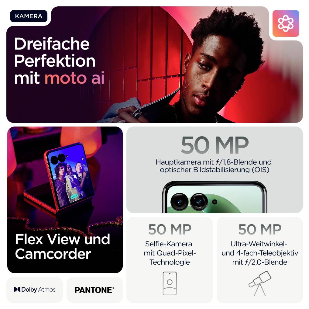Reclame voor een smartphone met Moto AI, 50 MP hoofdcamera, Flex View en camcorder-modus.