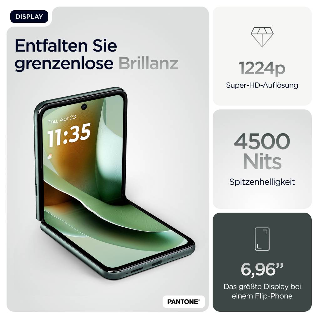 Smartphone met vouwmechanisme en dubbele camera's aan de achterkant. Het scherm toont een abstract ontwerp met groene lijnen en een merklogo.