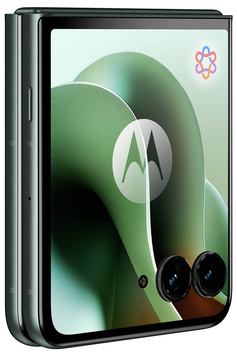 Een uitvouwbare smartphone met dubbele cameralensen en een groen abstract ontwerp op het scherm, met een gestileerd 'M'-logo.