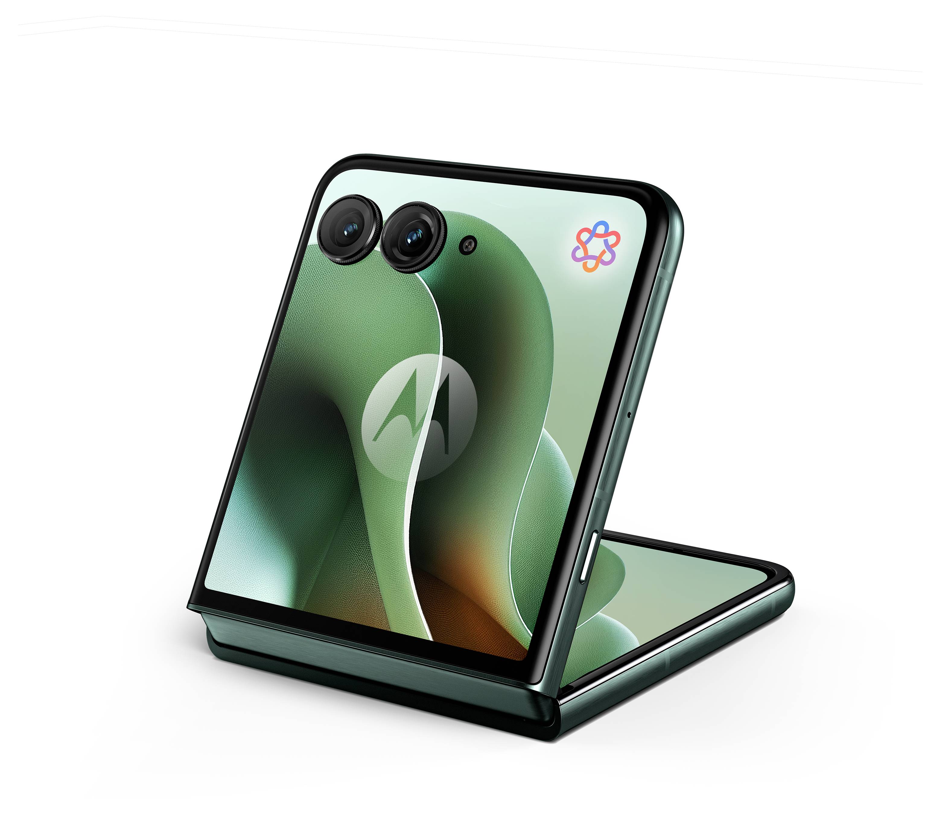 'Opvouwbare smartphone gedeeltelijk open, met dubbele achteracamera's en abstract groen behang op het scherm.'