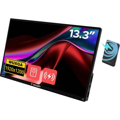 Verbatim 13,3" WUXGA 1920x1200 Draagbare Monitor met levendige beeldweergave, connectiviteitspictogrammen en een strak design.