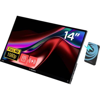 Draagbare 14" Full HD 1080p-monitor met rood en zwart ontwerp, waarop pictogrammen voor camera en draadloos opladen staan, met een kleine aangesloten apparaat.