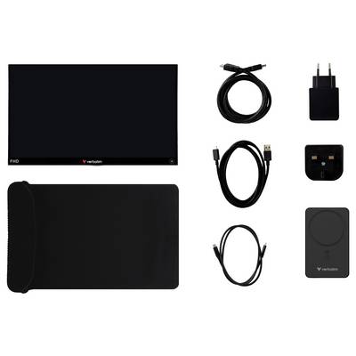 'Verbatim FHD-scherm met zwarte beschermhoes, twee USB-C-kabels, USB-adapter, wandlader en draadloze oplaadpad.'