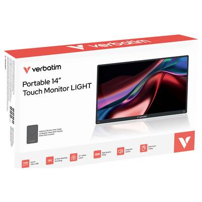 Verbatim Draagbare 14" Touchmonitor LIGHT-doos met productkenmerken, waaronder 'IPS', 'HDR' en 'USB-C' connectiviteit.