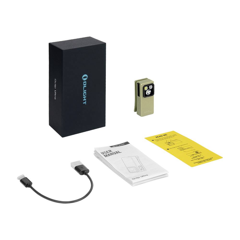 Doos met 'Olight' merk, compacte zaklamp, USB-kabel, gele gebruikershandleiding en productgids uitgelegd op een wit oppervlak.