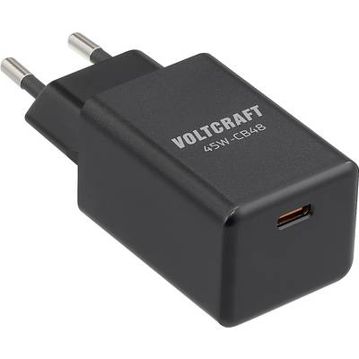 Een zwarte Voltcraft 45W USB-C wandlader met twee Europese pennen, geschikt voor het opladen van USB-C apparaten.