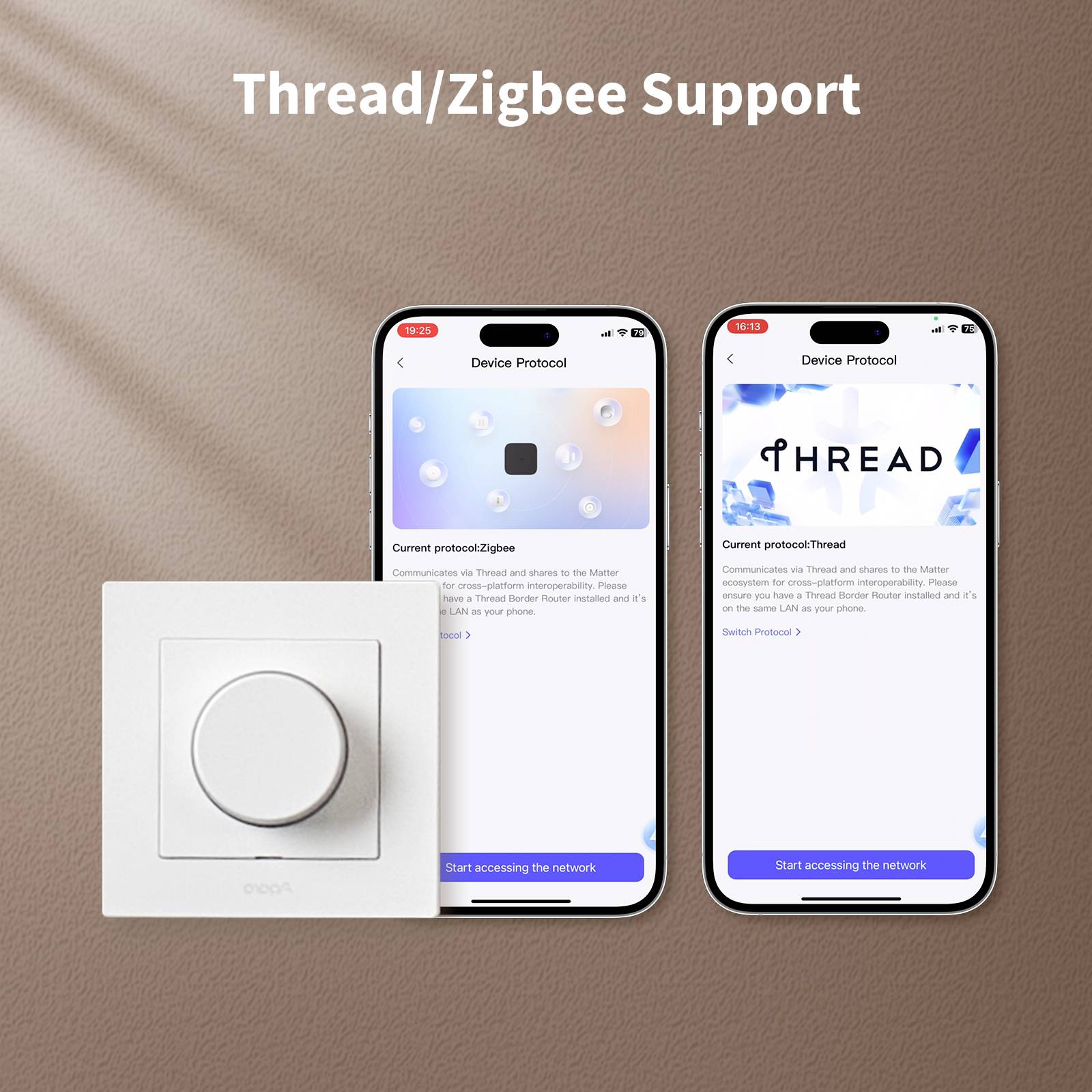 'Thread/Zigbee Ondersteuning' tekst boven twee telefoonschermen die apparaatprotocolopties voor Zigbee en Thread tonen, met een wandgemonteerde draaiknop.