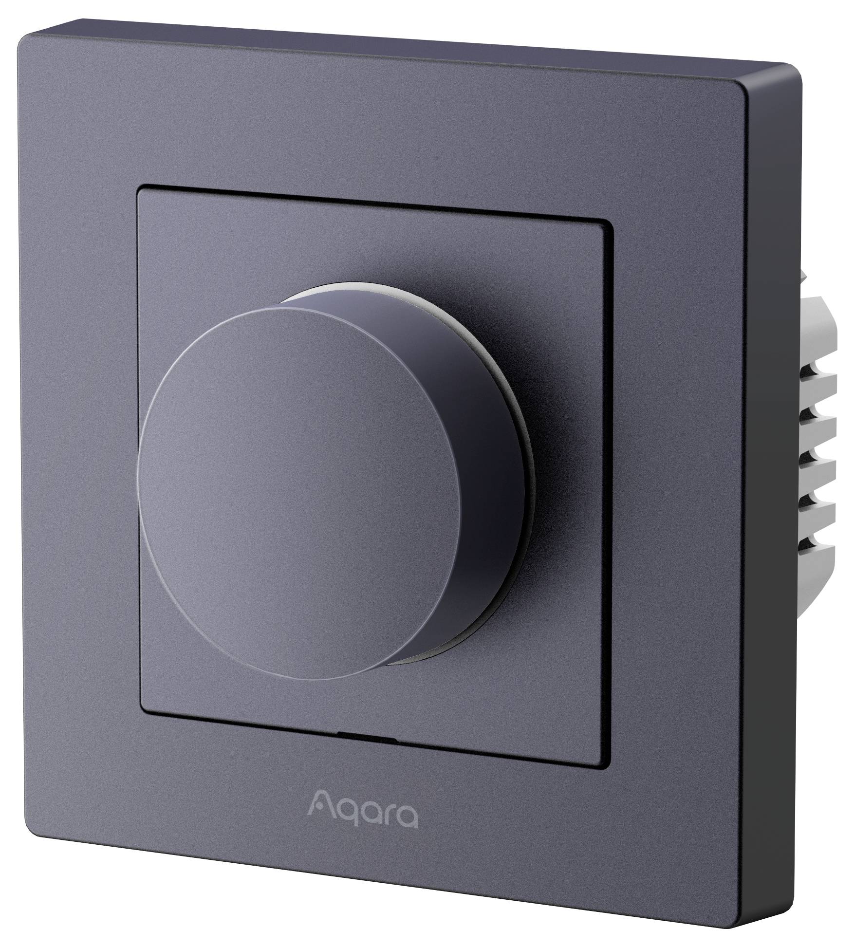 Een slanke, donkergrijze slimme dimschakelaar met een ronde knop. De schakelaar is ontworpen voor wandmontage en gelabeld met 'Aqara.'