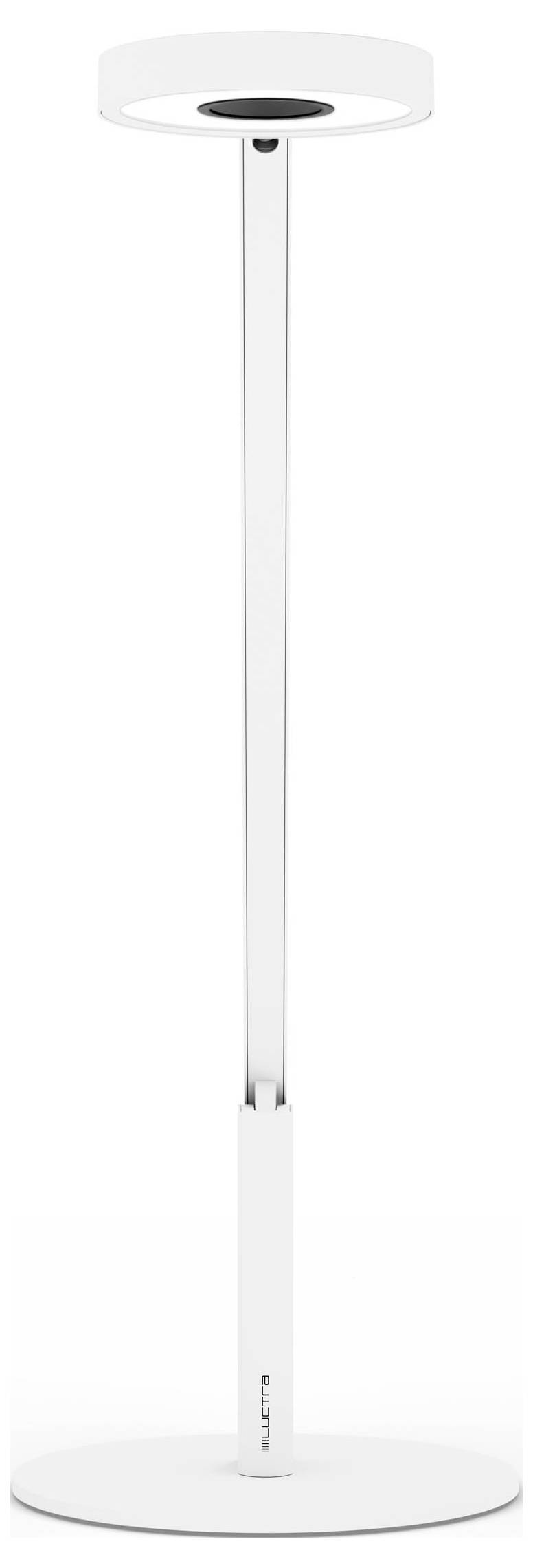 Een strakke, moderne witte vloerlamp met een circulaire LED-lichtring en een slanke, minimalistische vormgeving.