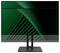 Een strak, modern zwart computerscherm met een geometrisch groen en zwart patroon op het scherm. De standaard is minimalistisch en stijlvol.