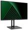 Een platte MSI-monitor met een modern design, waarop geometrische groene patronen worden weergegeven, staat op een rechthoekige voet tegen een witte achtergrond.