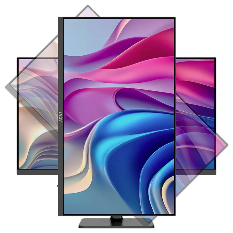 Een monitorscherm toont een levendig abstract patroon met stromende golven in tinten van blauw, paars en roze, gezet tegen een donkere frameachtergrond.