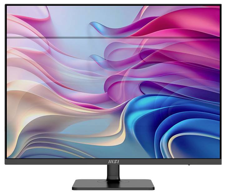 Een moderne computermonitor die een levendig abstract roze en blauw golfpatroon weergeeft, met zichtbaar merk op de rand.