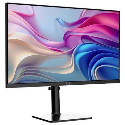 Een monitor met een kleurrijk abstract ontwerp op het scherm, met vloeiende wervelingen in roze, blauw en crèmekleuren.